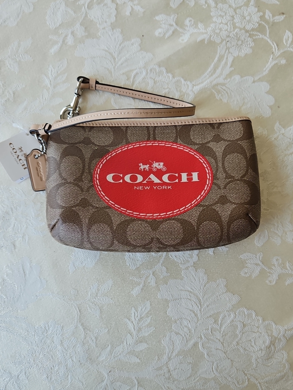 Coach Khaki Brown Signature Canvas Wristlet with Crimson Logo Patch
